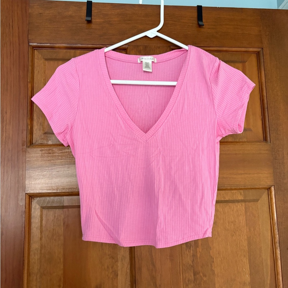 Pink Ribbed V-Neck Tee